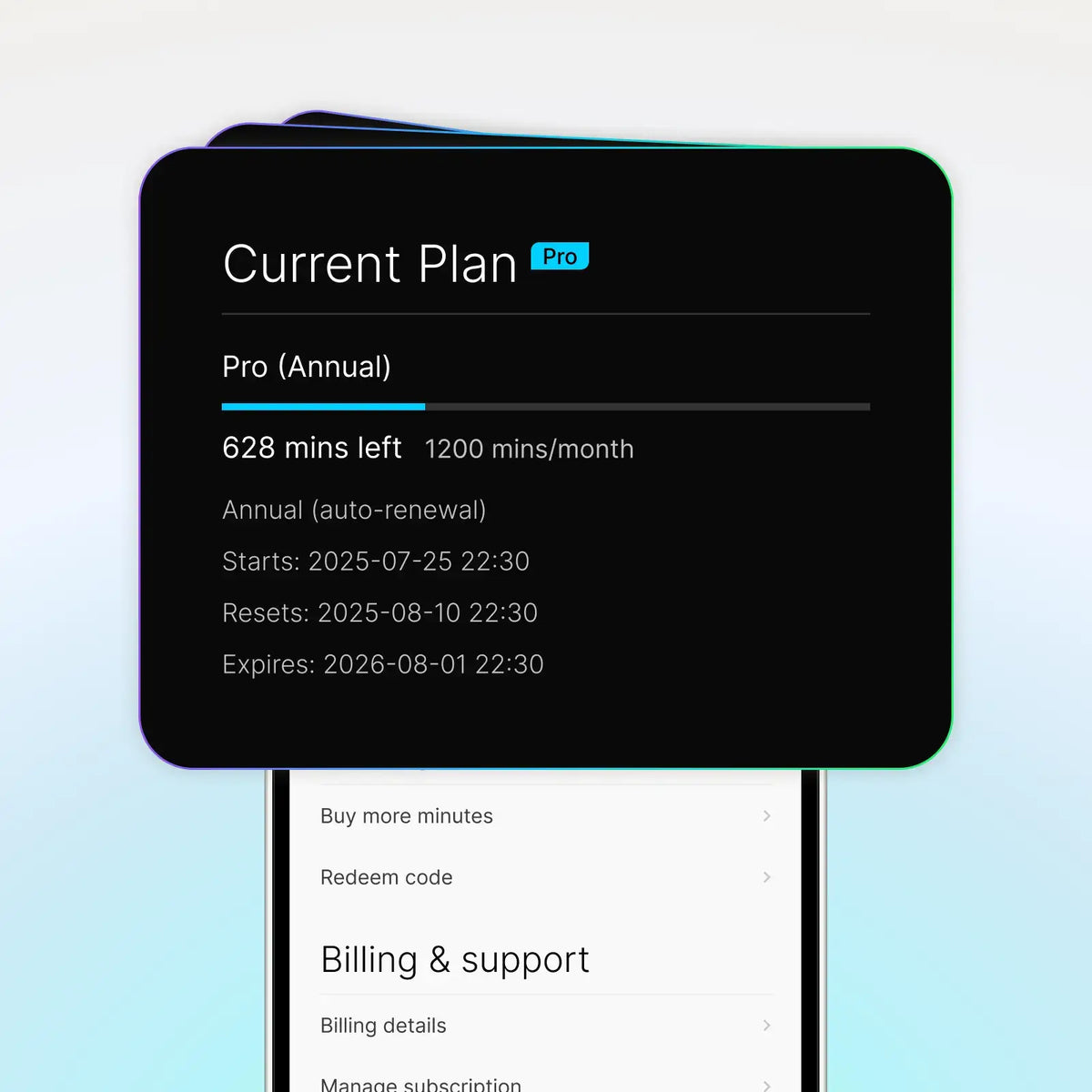 Plaud App UI displaying Plaud Pro Plan status, showing 628 minutes remaining of a 1200-minute monthly limit.