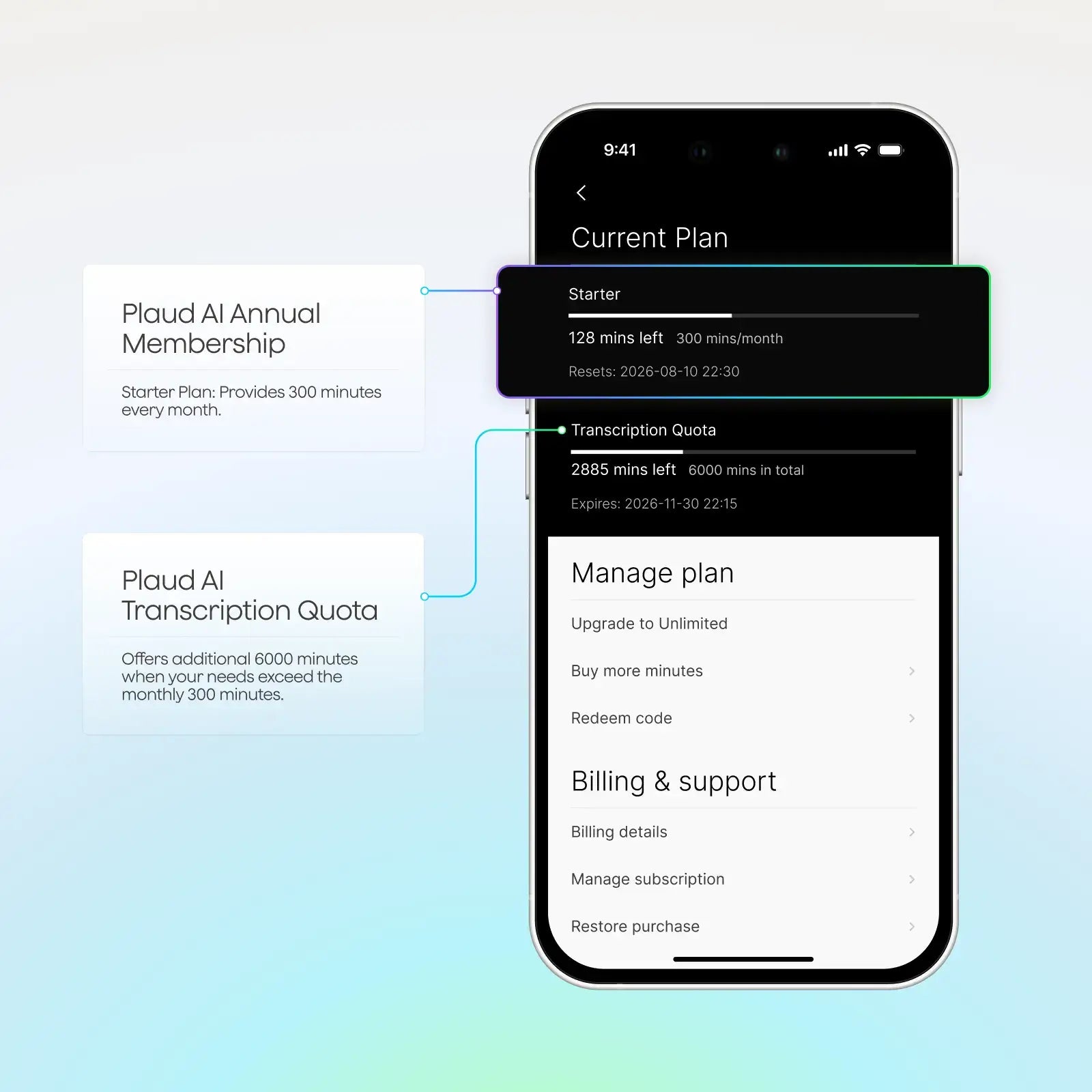 Plaud App UI showing Plaud Starter Plan minutes, transcription quota, and account management options.