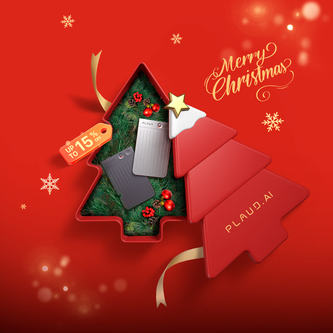 Silver and black Plaud Note AI voice recorders in a Christmas tree gift box for a 15% off holiday sale.
