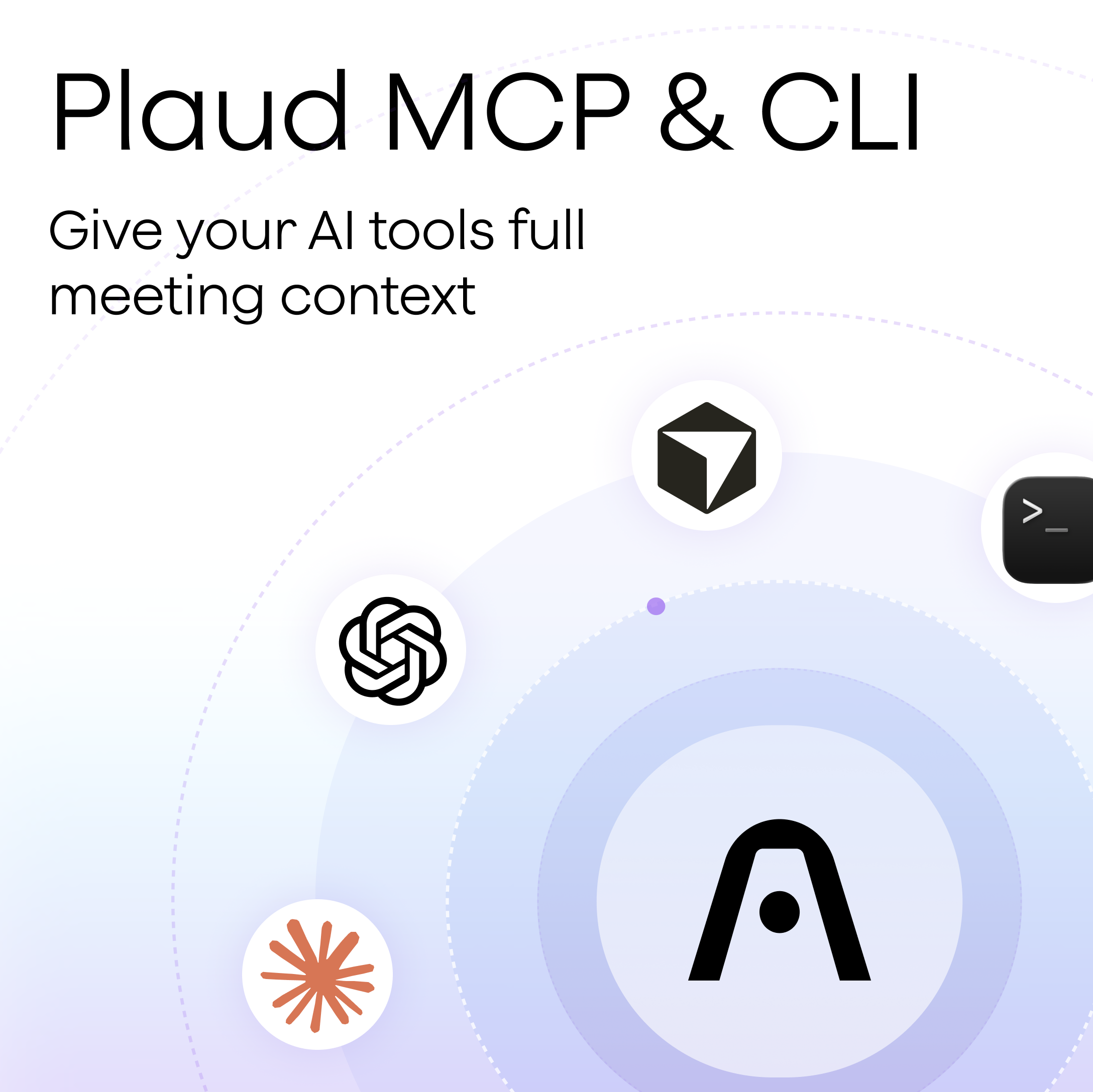 Plaud MCP & CLI: Give your AI tools full meeting context. Graphic shows Plaud connecting with various AI platforms.