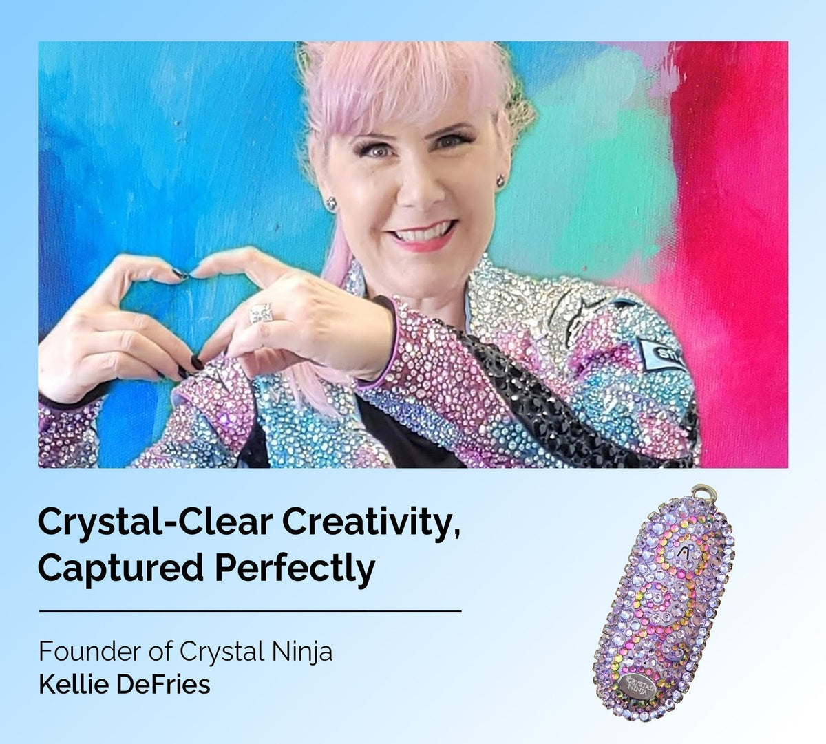 Kellie DeFries, Crystal Ninja founder, with a custom crystal-covered Plaud NotePin AI voice recorder.