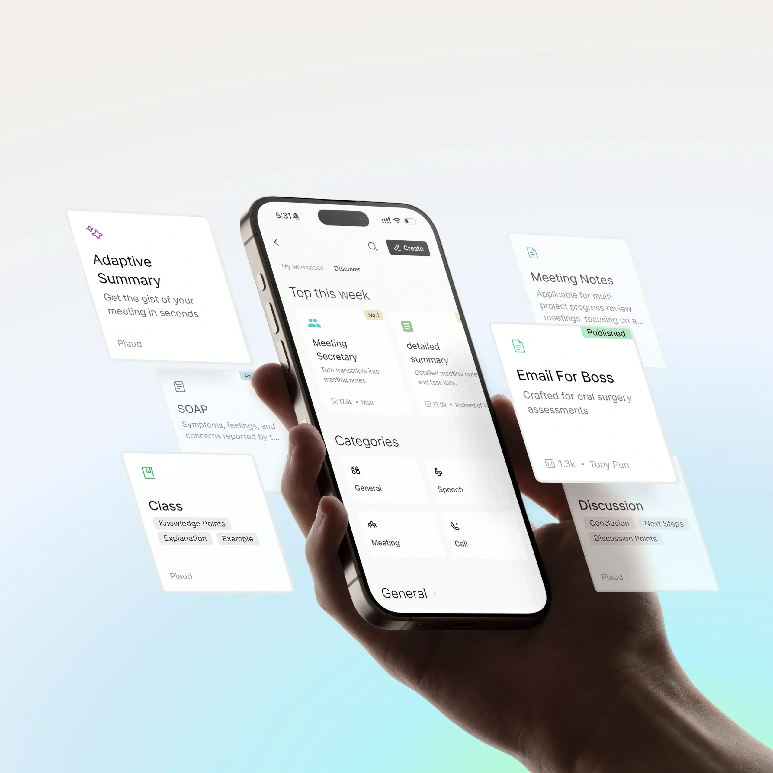 Hand holding a phone displaying the Plaud App interface with floating AI summary, meeting, and class note templates.