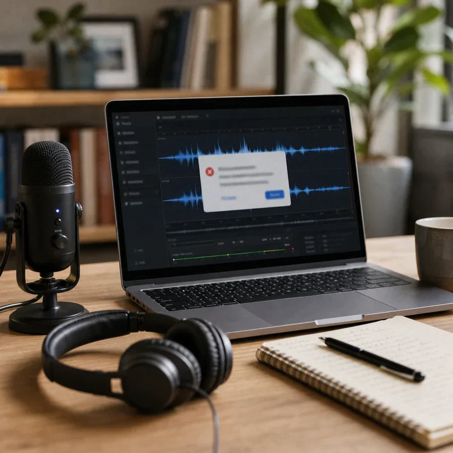 A creator checks an audio transcription workflow on a laptop with a microphone and headphones nearby.