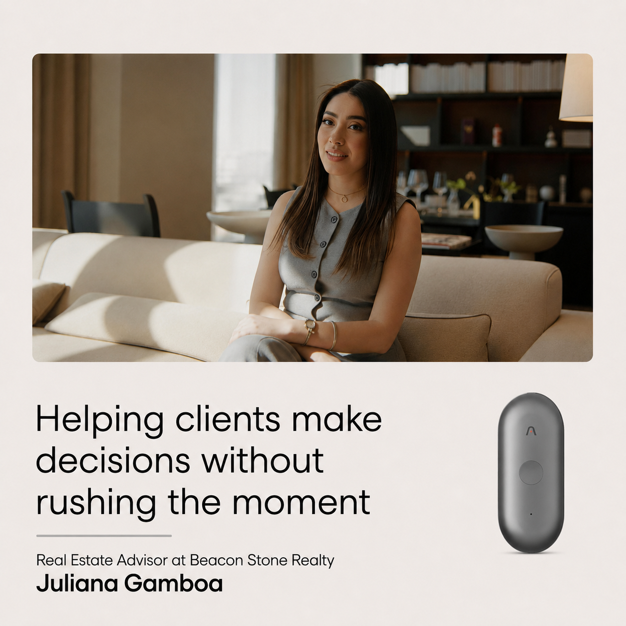 Real estate advisor Juliana Gamboa with a Plaud NotePin S. Helping clients make decisions without rushing.