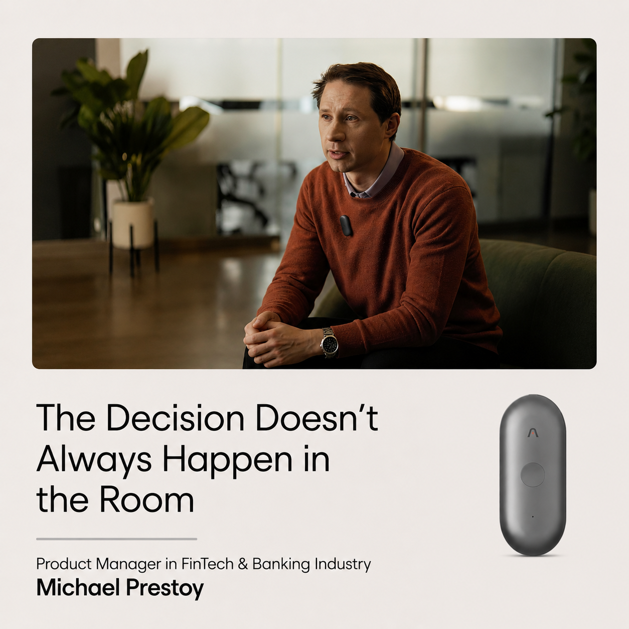 Michael Prestoy wearing a black Plaud NotePin S, with a gray Plaud NotePin and text about fintech decision making.
