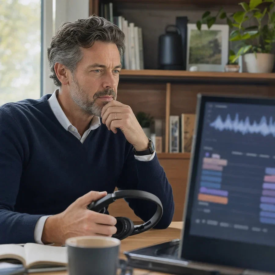 A thoughtful man in a navy sweater holds black headphones while intently viewing an audio waveform.