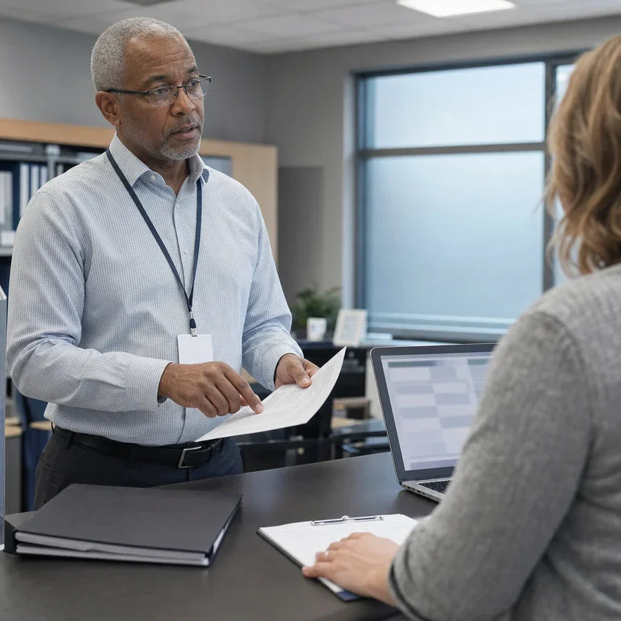 Healthcare professionals reviewing a private patient documentation workflow in a clinic office.