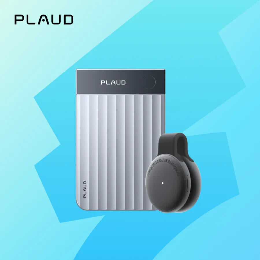 Silver Plaud Note Pro and soundcore AI voice recorders on a blue background.