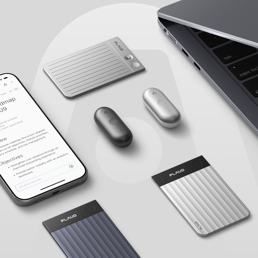 Plaud Note, Plaud Note Pro, and Plaud NotePin AI voice recorders displayed with a smartphone and laptop.