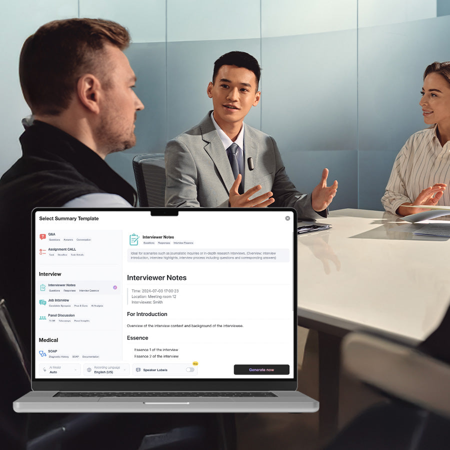 Three individuals engaged in an interview, with a laptop screen displaying PLAUD.AI's interview notes and summary features.