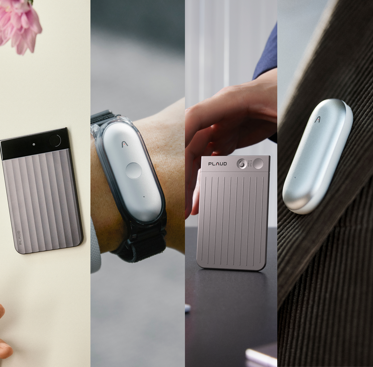 Collage showing the Plaud Note Pro in gray and silver, and the Plaud NotePin worn on a wrist and lapel.