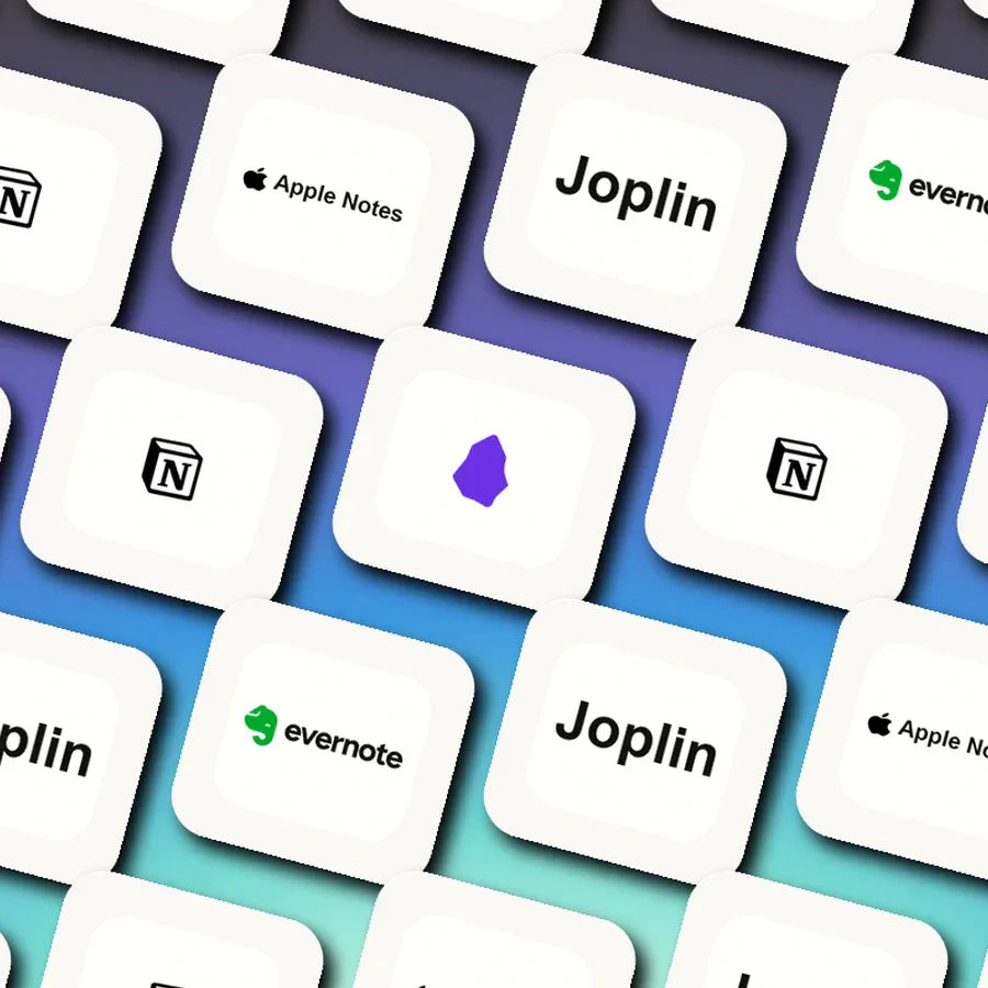 Logo mosaic featuring Evernote, Joplin, Apple Notes, Notion, and Obsidian.