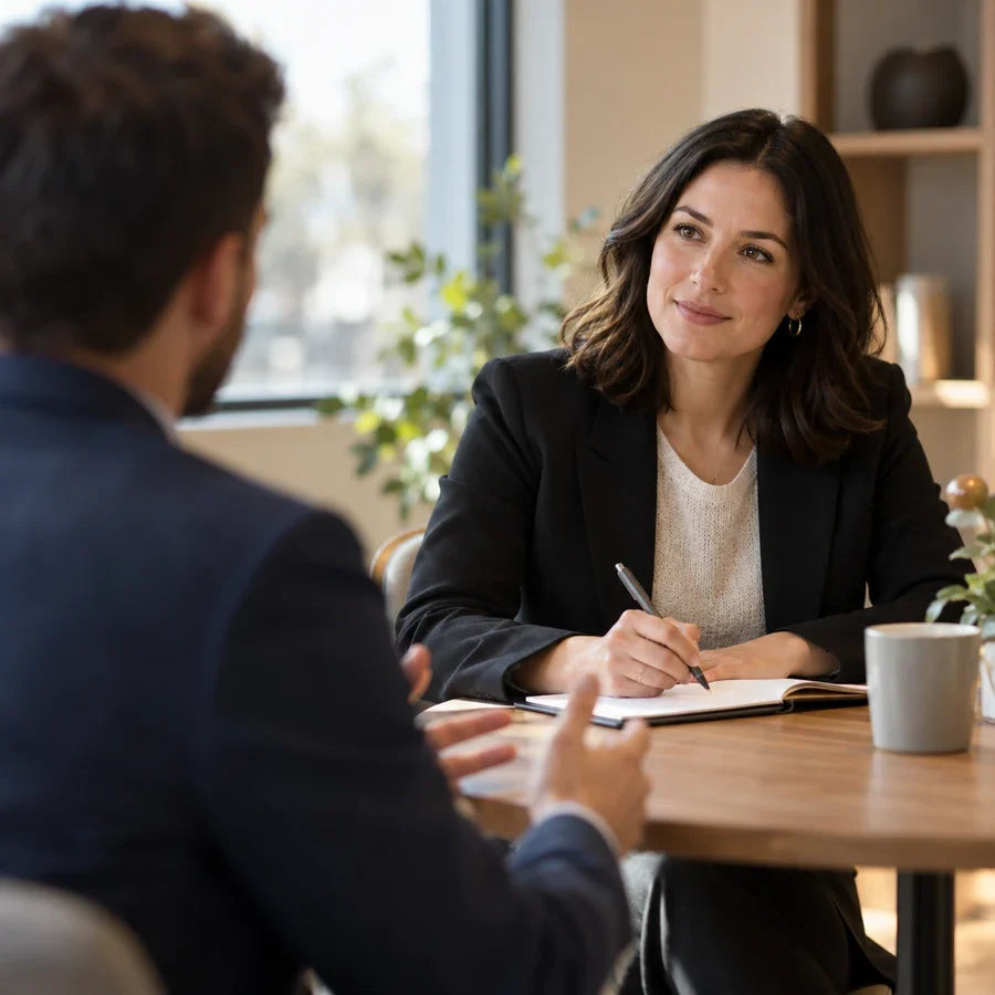Interviewer taking notes while listening to a candidate.