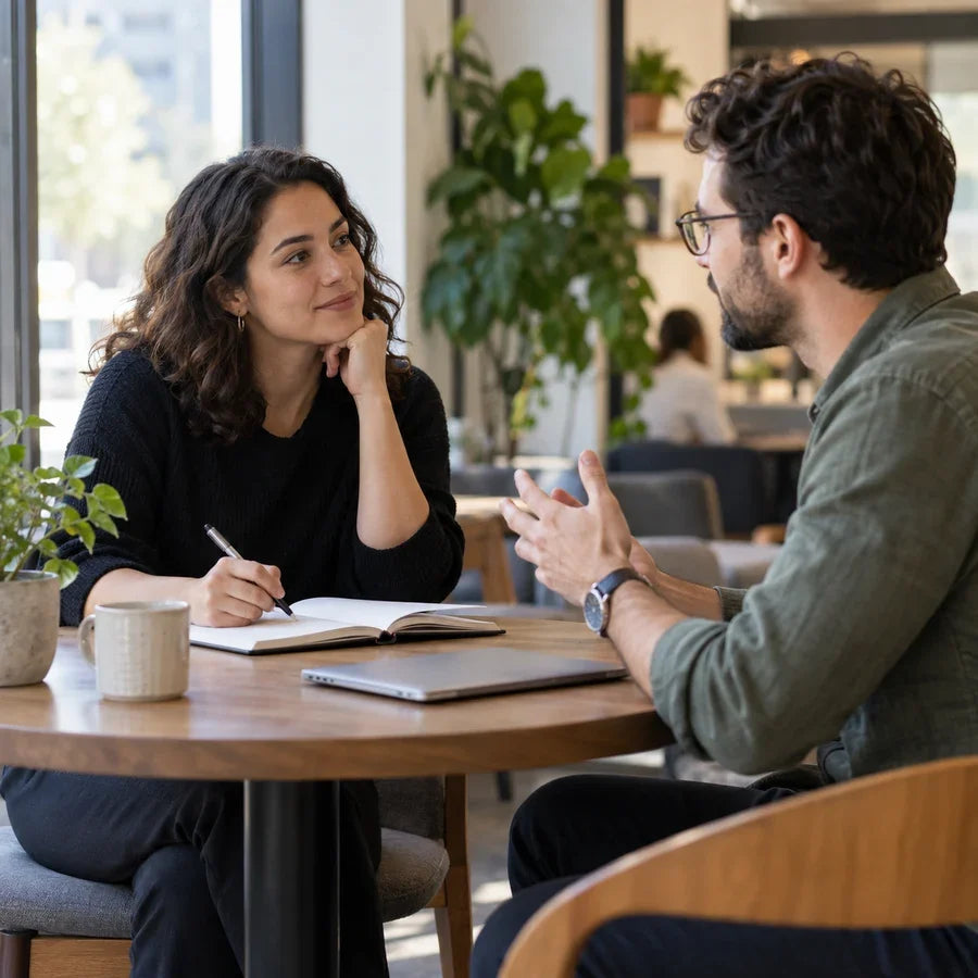 Two colleagues having a one-on-one conversation with a notebook between them.