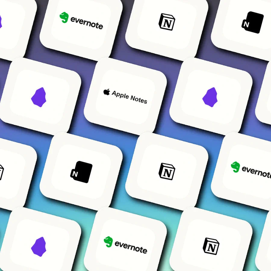 Logo mosaic featuring OneNote, Notion, Evernote, Obsidian, and Apple Notes.