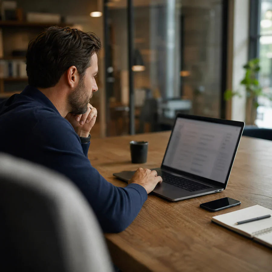 Man using a laptop on a wooden table with a notebook and smartphone