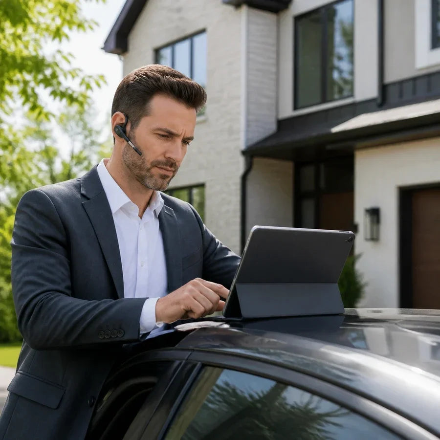 Real estate agent checking a tablet on a car hood outside a house