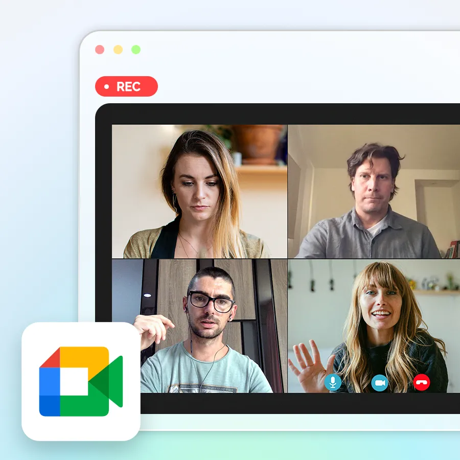 Record a Google Meet Meeting with four participants displayed on a screen, and a red "REC" indicator in the top left corner.