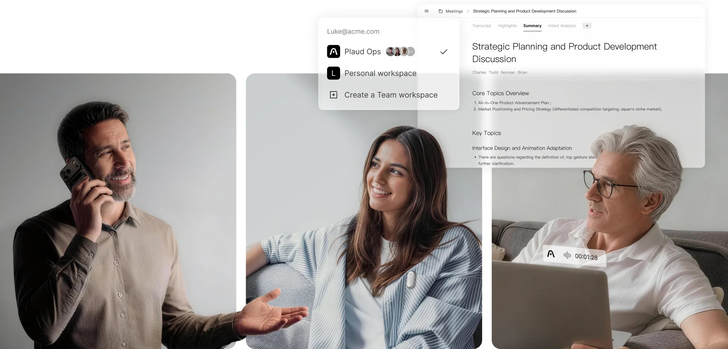 People using Plaud across a phone call, wearable clip, and desktop meeting summary