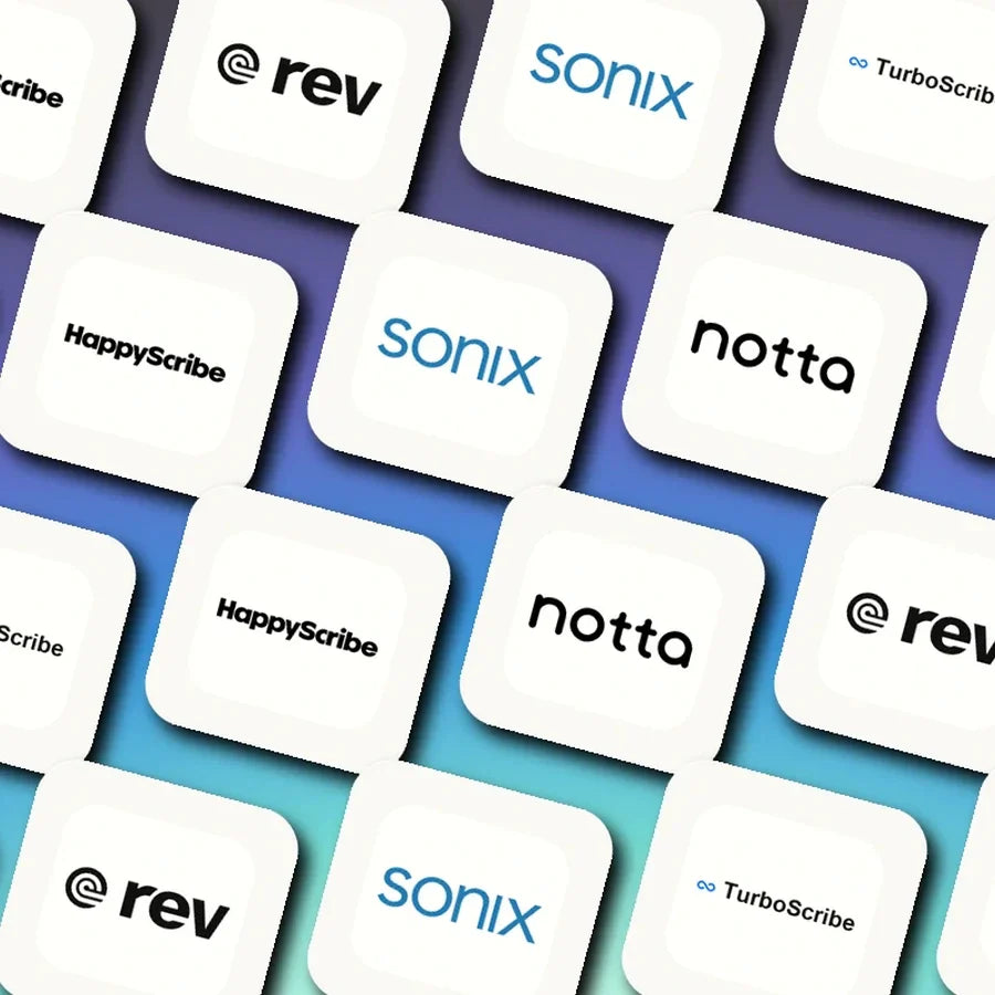 Logo mosaic featuring TurboScribe, HappyScribe, Notta, Rev, and Sonix.