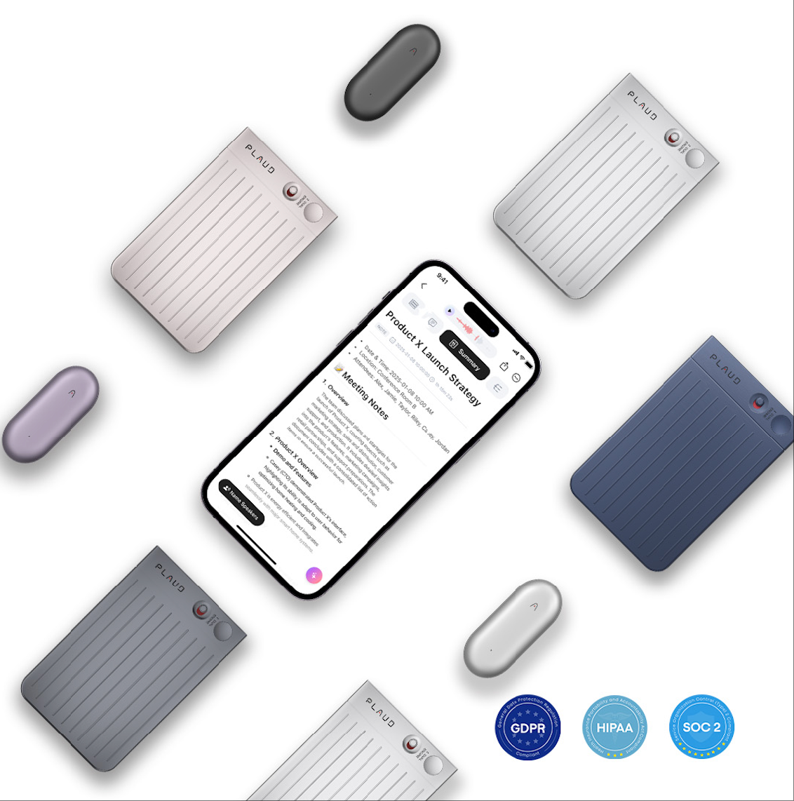 Plaud Note and Plaud NotePin in various colors with the Plaud App and GDPR, HIPAA, and SOC 2 badges.
