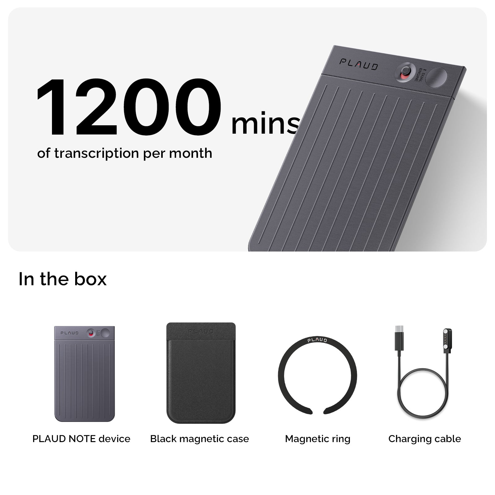 'Plaud Note AI voice recorder with 1200 mins transcription capacity, including portable device, protective case, ring mount, and charging cable.
