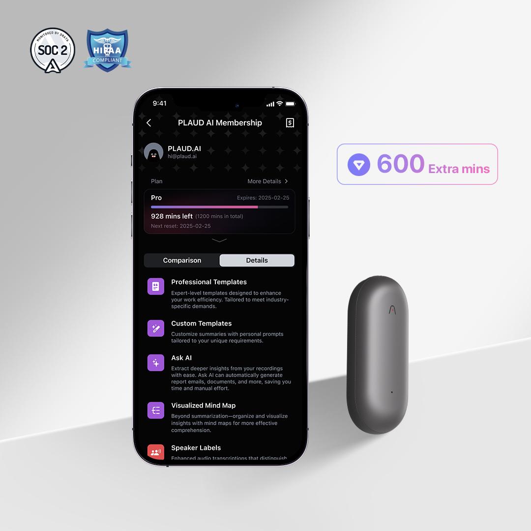 Plaud NotePin with 600 extra transcription minutes, showing AI features and membership benefits on a mobile app.