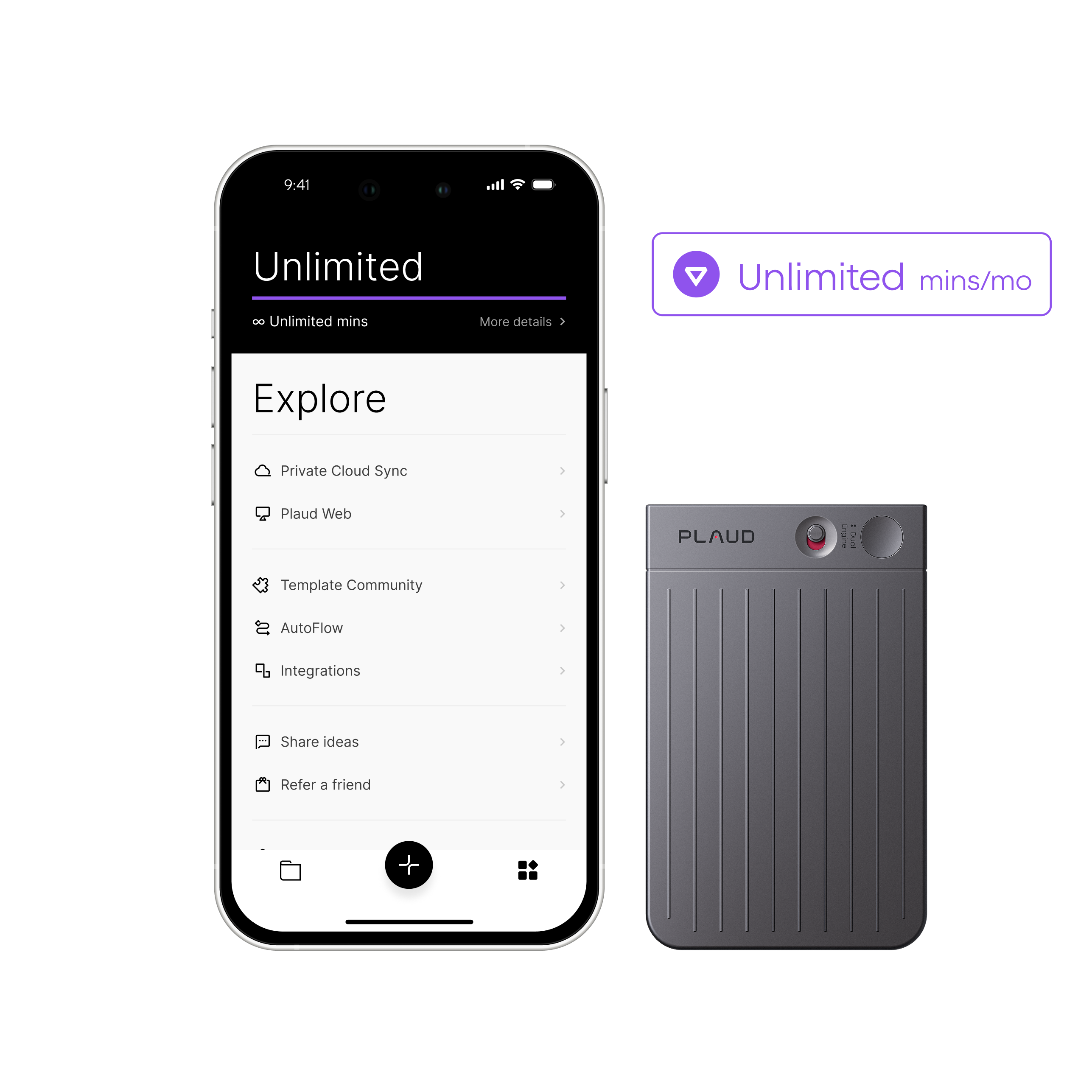 A smartphone displays the Plaud App Unlimited Plan features next to a gray Plaud Note AI voice recorder.
