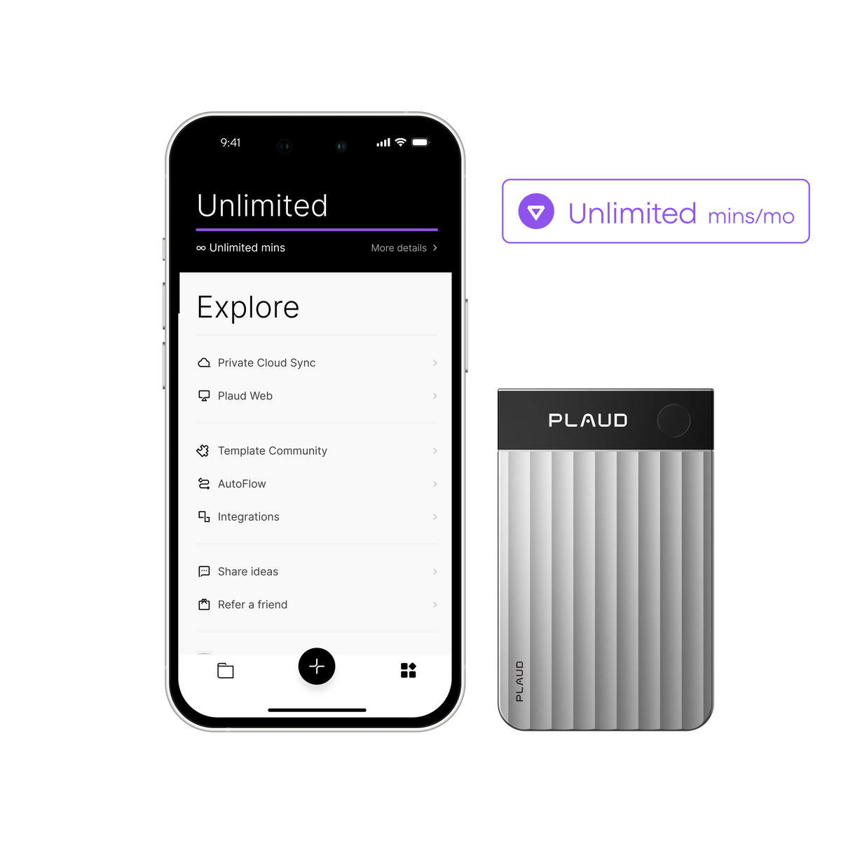 A silver Plaud AI voice recorder next to a smartphone showing the Plaud App's unlimited recording plan features.