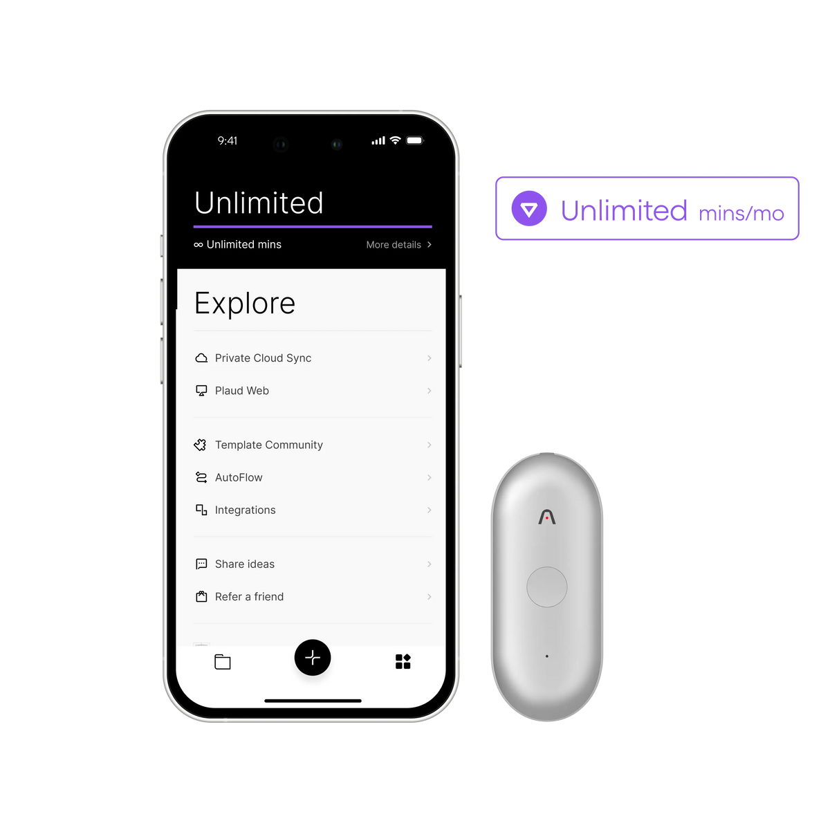 A silver Plaud NotePin S sits next to a smartphone displaying the Plaud App showing an Unlimited plan for recording minutes.