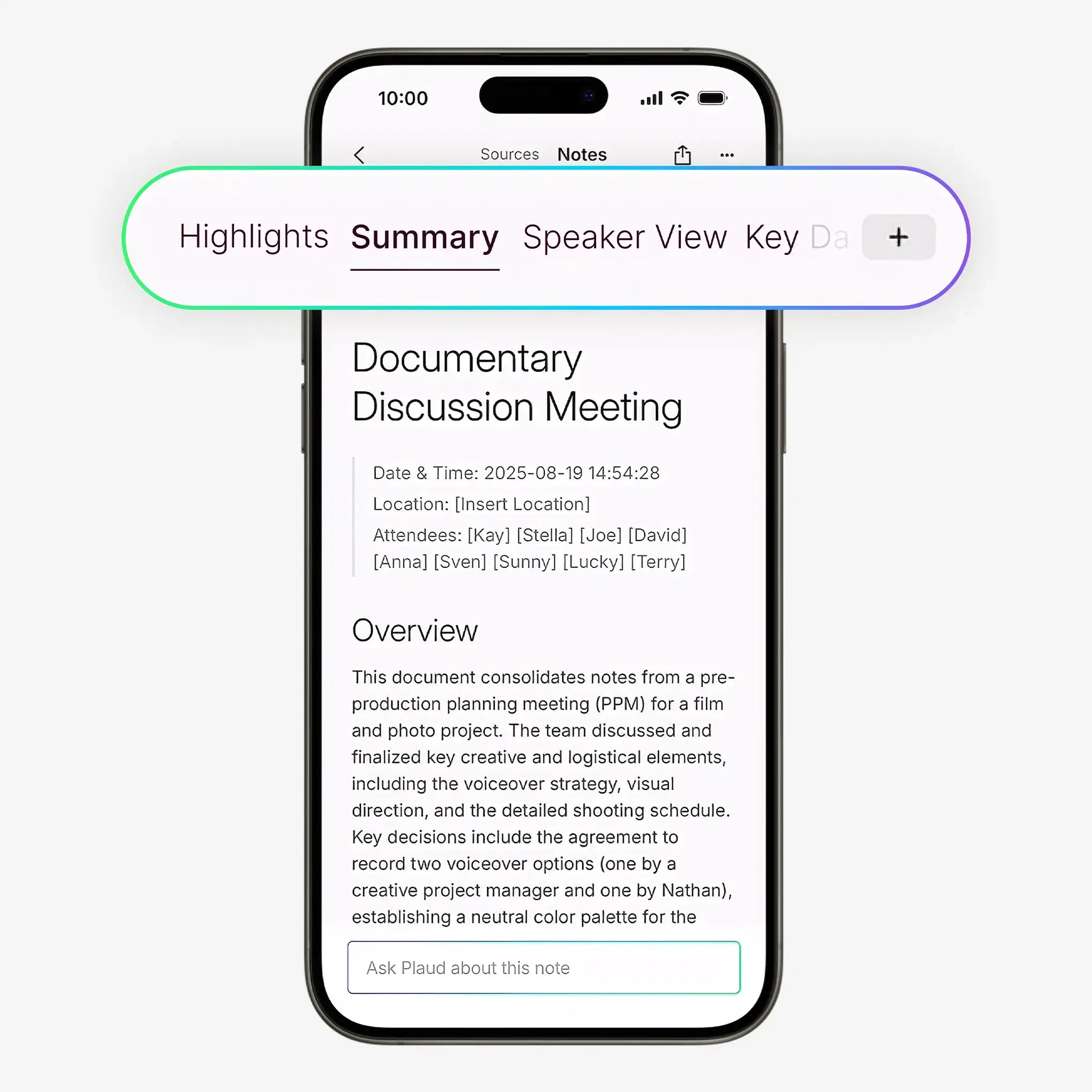 Plaud App interface showcasing comprehensive AI transcription for complete and accurate meeting notes.
