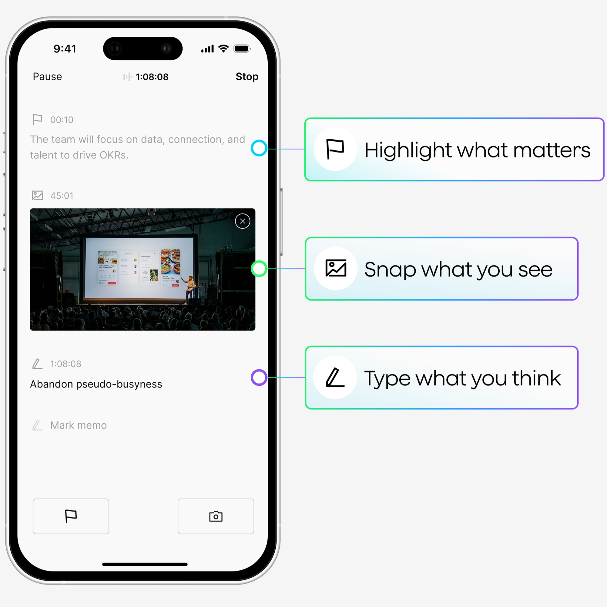 Plaud App UI: Highlight key moments, capture photos, and add text notes directly within an active voice recording.