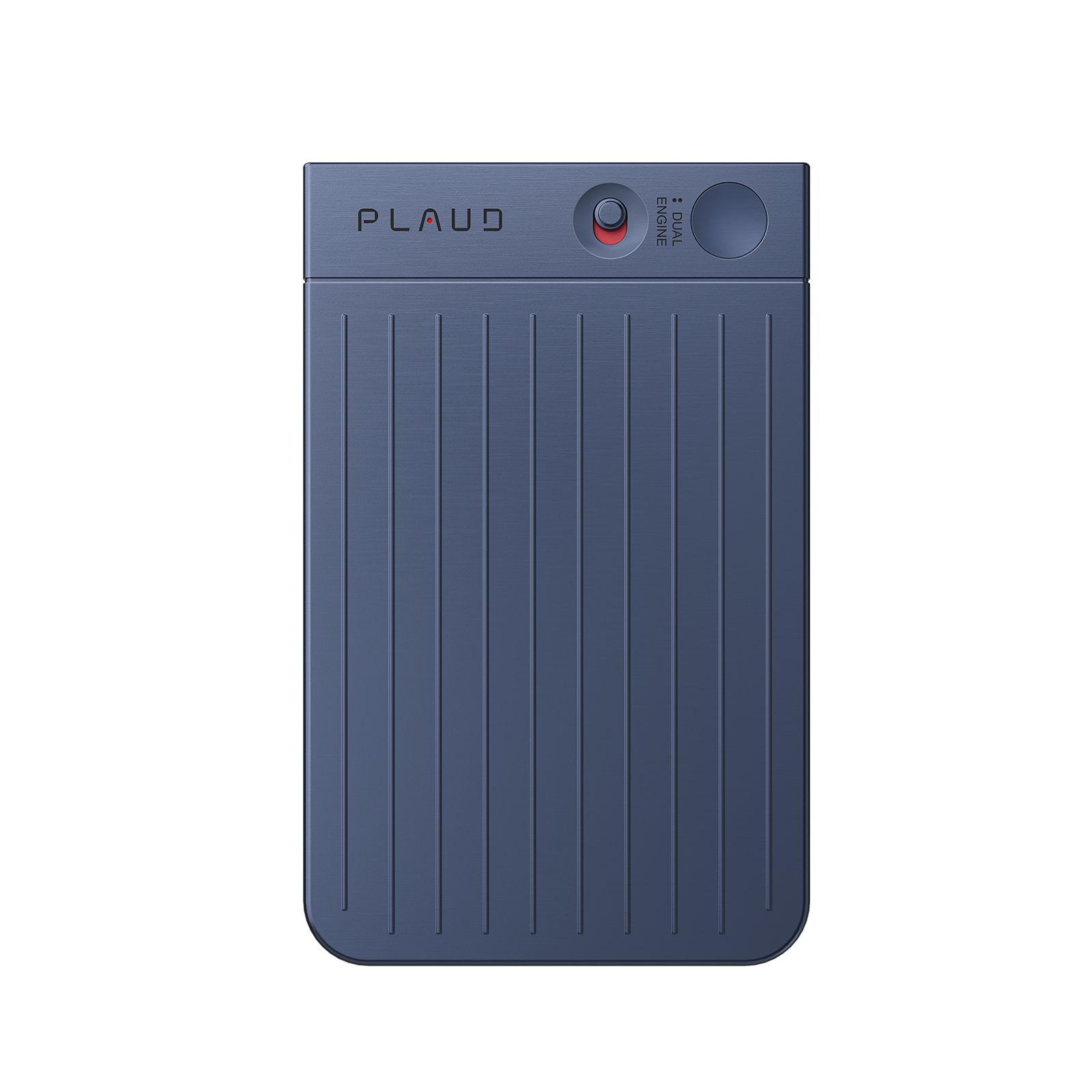 Plaud Note AI voice recorder in navy, dual engine button, for recording meetings and calls.