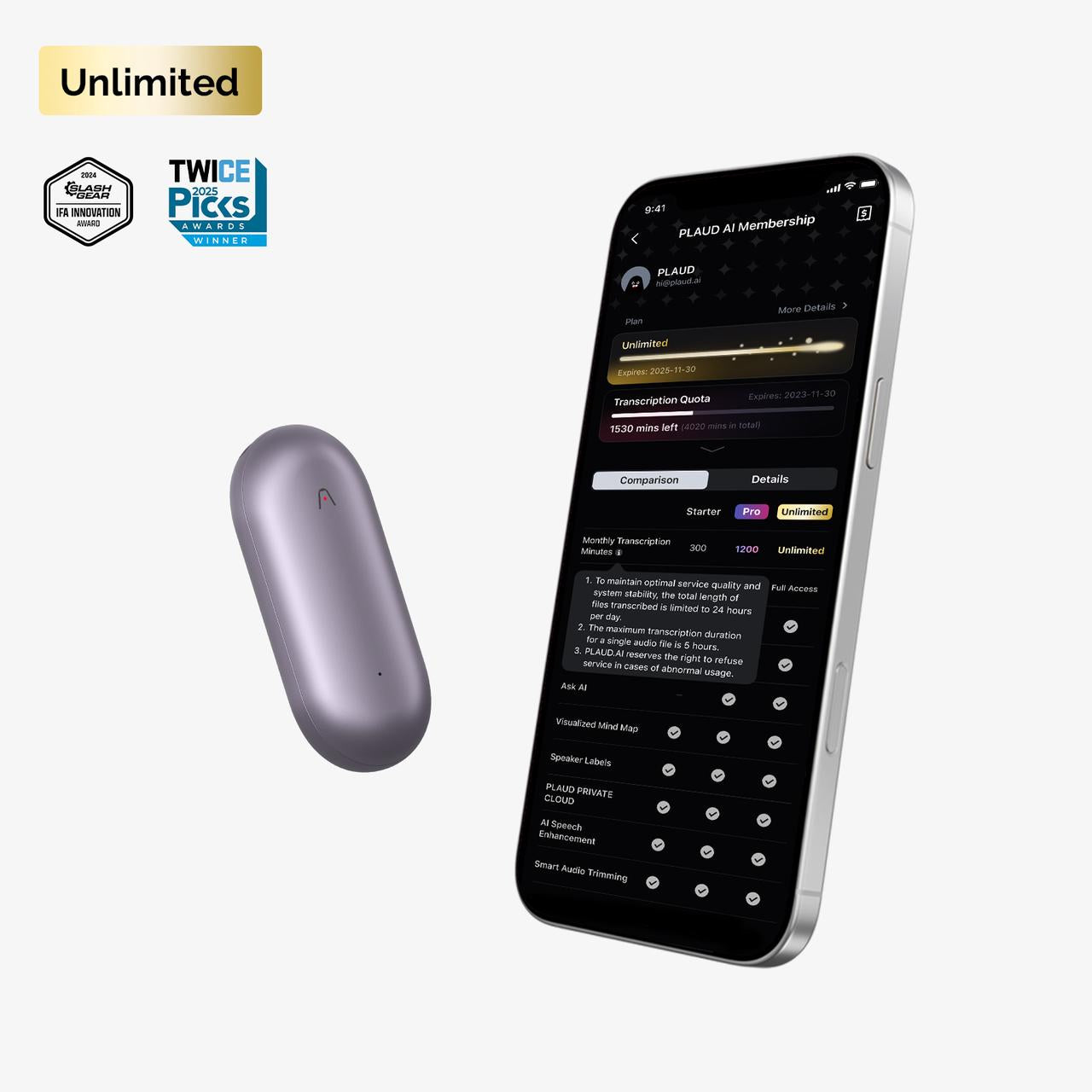 PLAUD NotePin & AI Annual Unlimited Plan