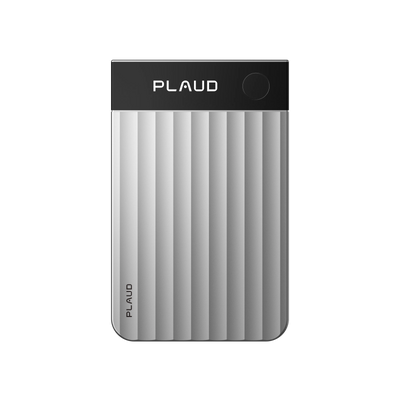 Sleek Plaud Note Pro AI voice recorder with ribbed gray design for capturing meetings, lectures, and phone calls
