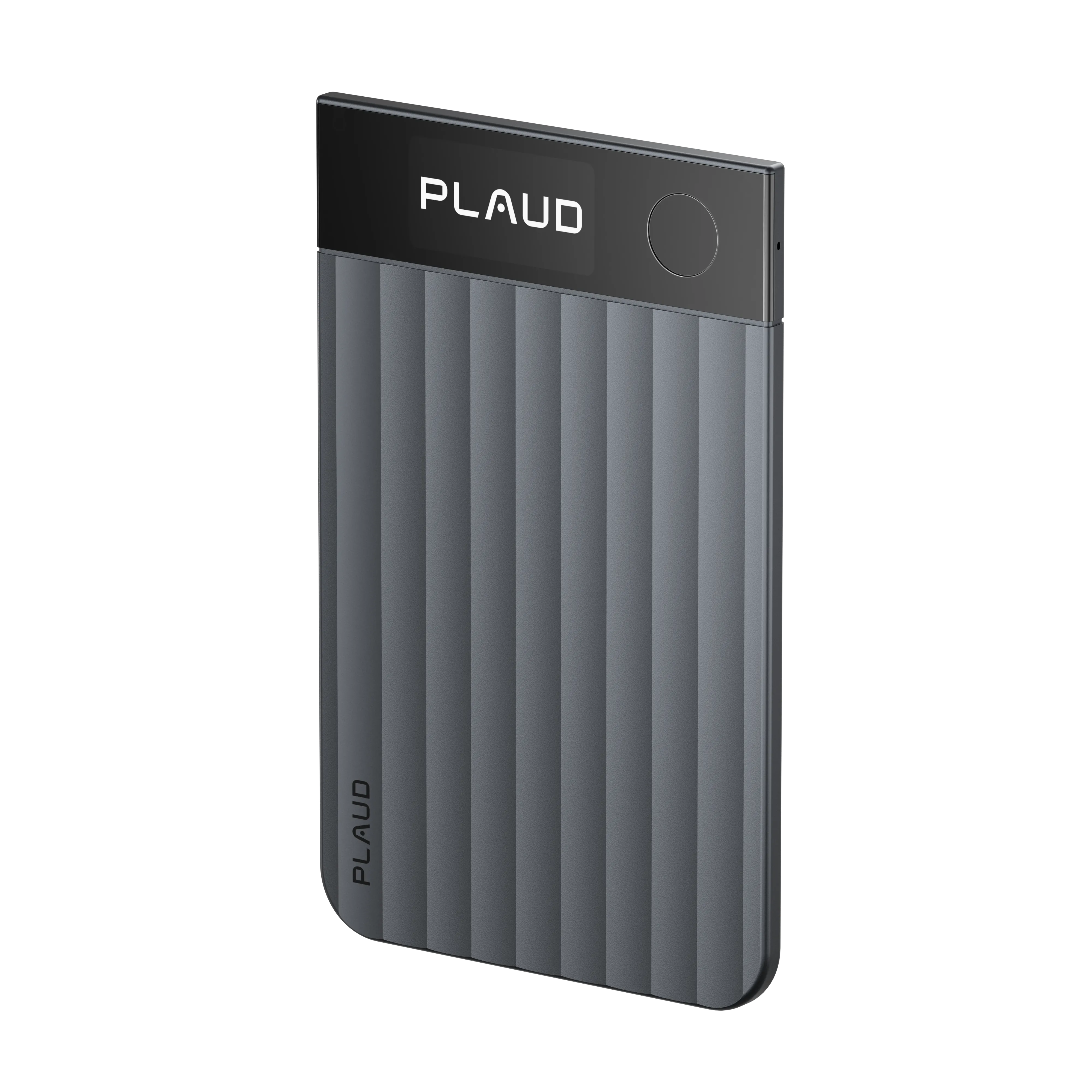 Plaud Note Pro AI voice recorder with ribbed gray design for capturing meetings and phone calls