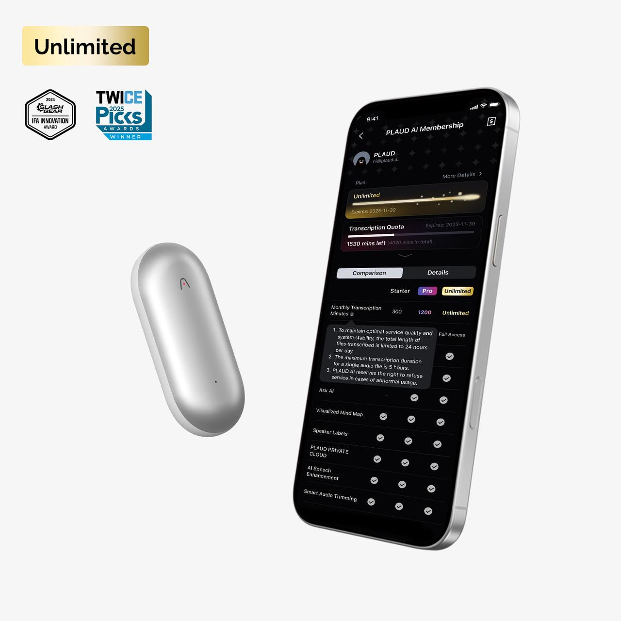 PLAUD NotePin & AI Annual Unlimited Plan