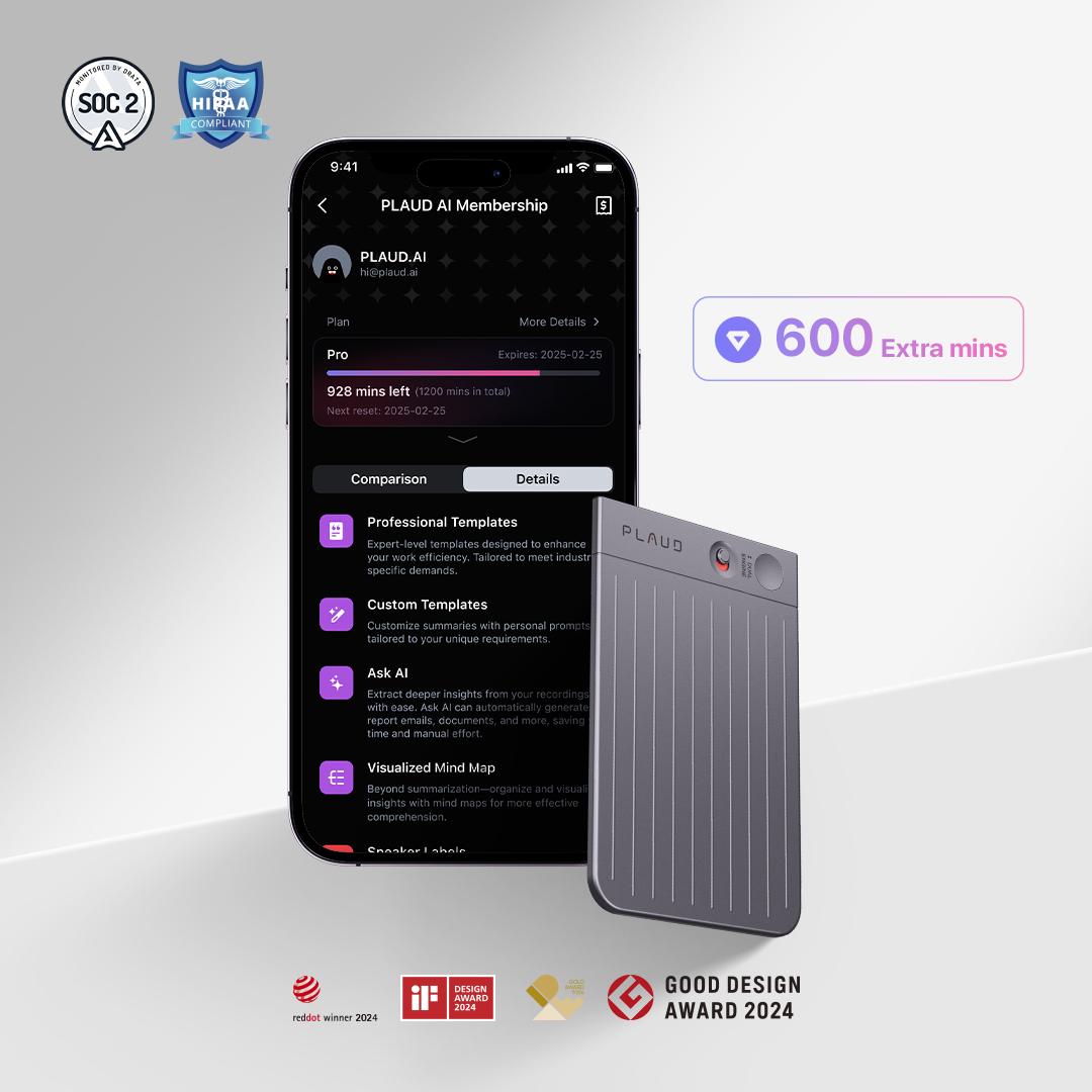 Plaud Note AI voice recorder with 600 additional minutes transcription quota, featuring one-press recording button, 112 supported languages, and multiple design awards