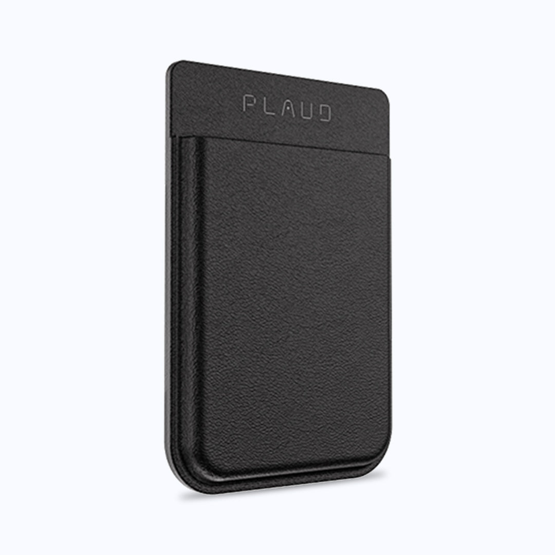 Black PLAUD Note Magnetic Case: Durable leather, integrated with phone, featuring the Plaud logo for protection and style.