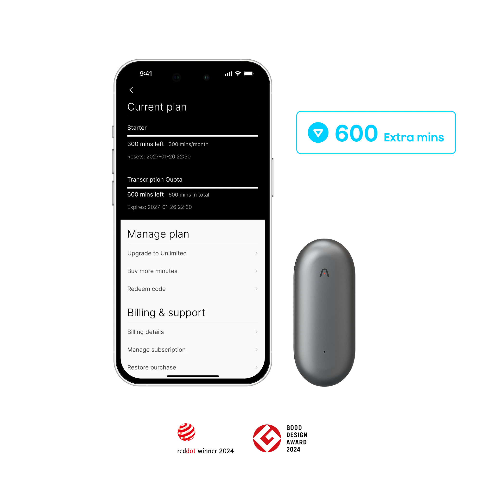 Plaud NotePin y extensión complementaria 600 minutos