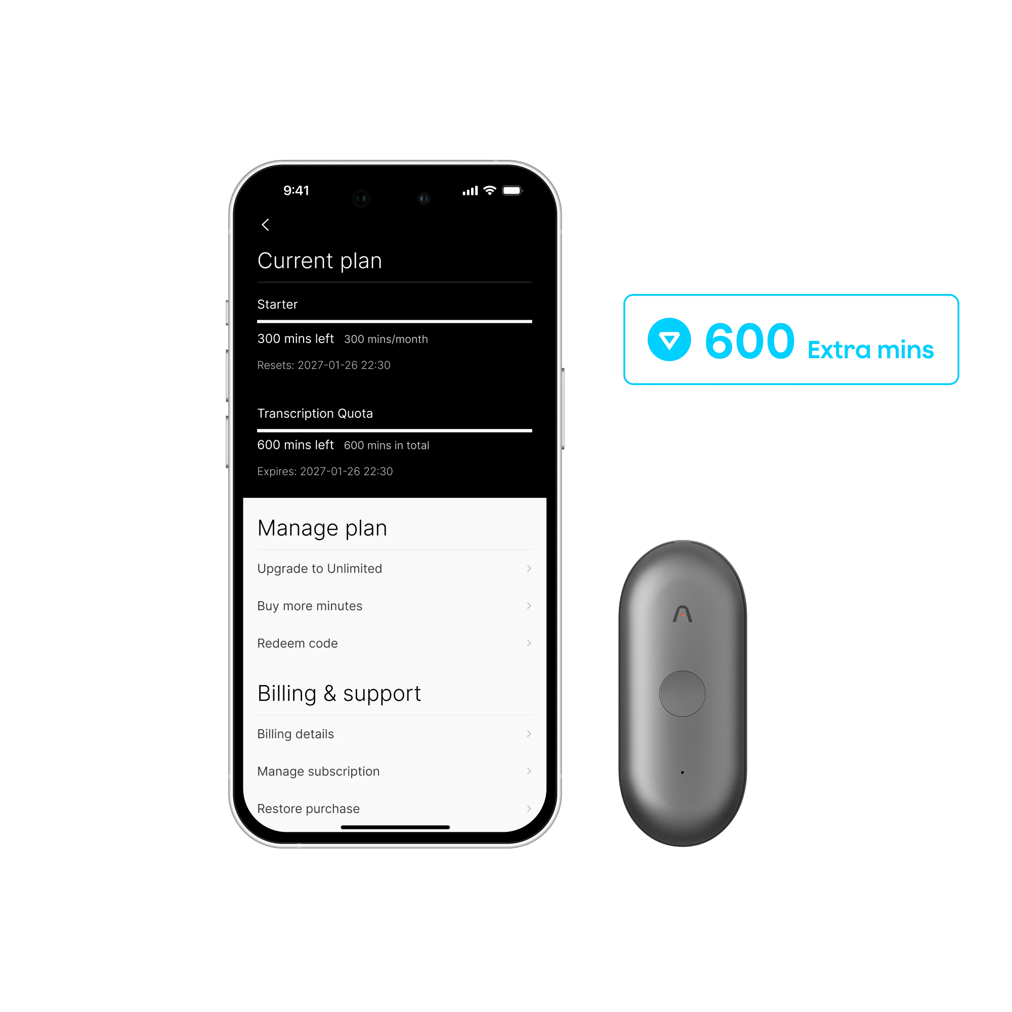 Plaud NotePin S y extensión complementaria de 600 minutos