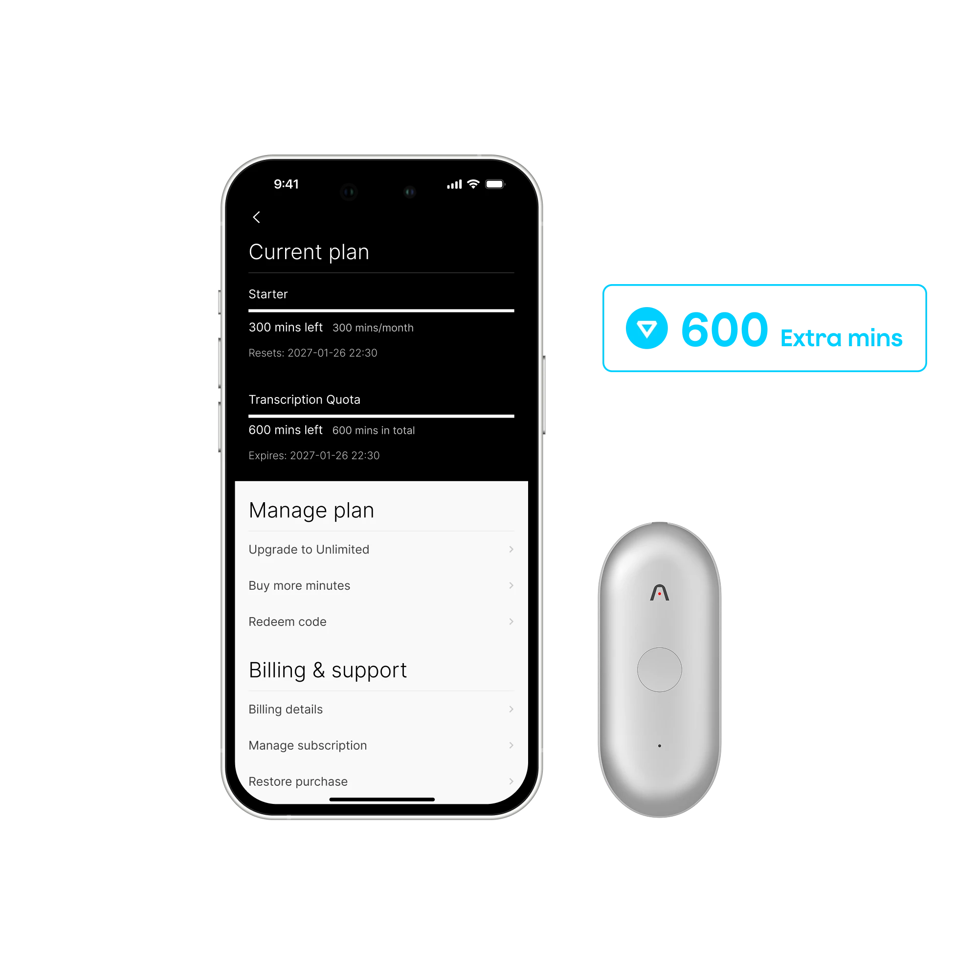 Plaud NotePin S & add-on extension 600 mins