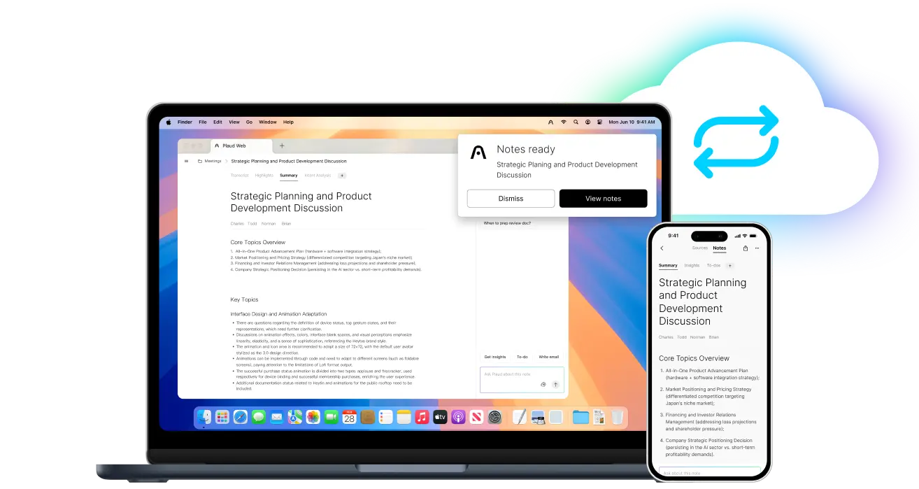 Plaud Web and Plaud App displaying synced meeting summaries on a laptop and smartphone.