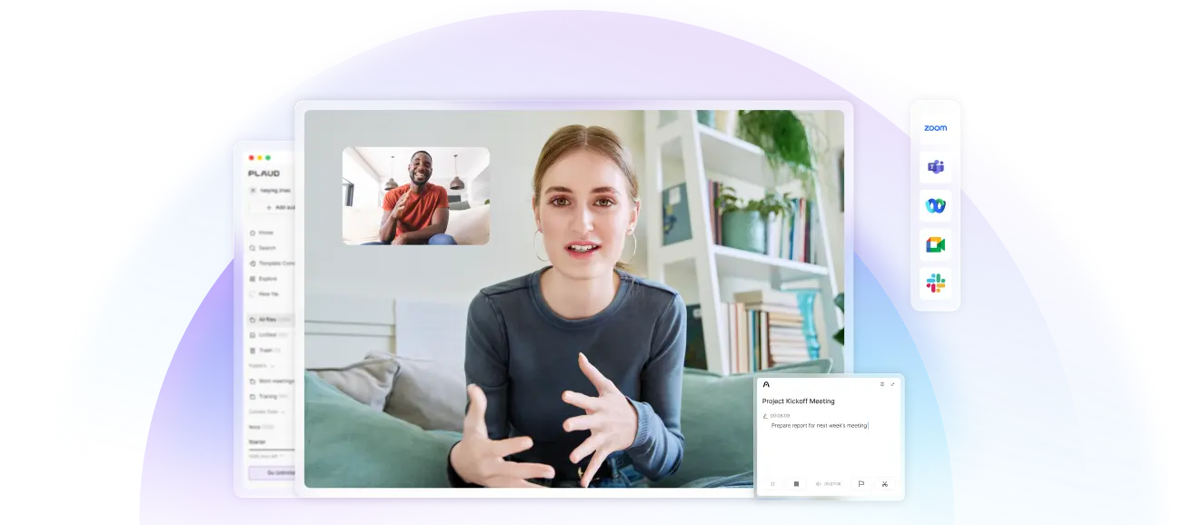 Plaud desktop app interface capturing meeting notes during a video call with Zoom, Teams, and Google Meet integrations.