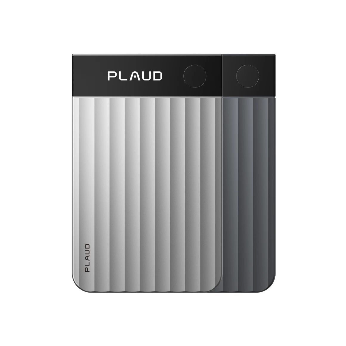 Two Plaud Note Pro AI voice recorders are displayed side-by-side, one in light silver and the other in black.