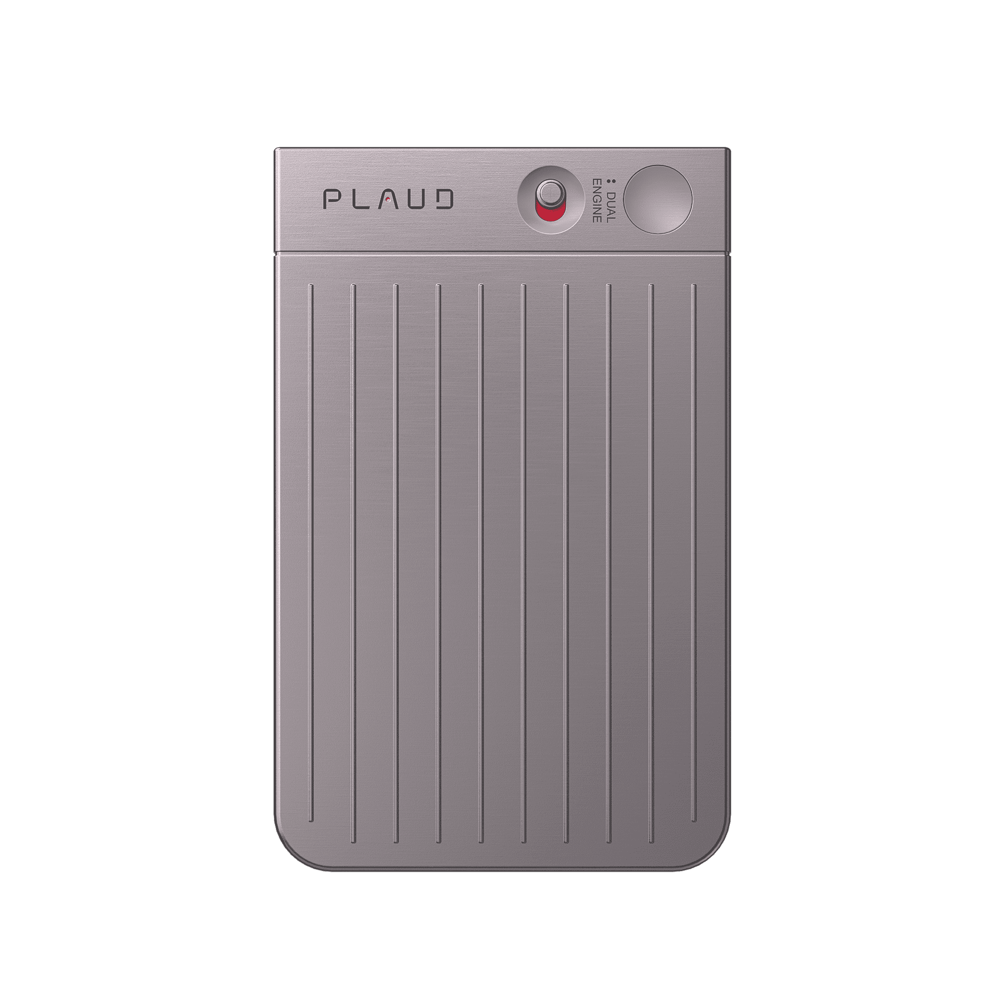 Sleek gray Plaud Note AI voice recorder with Dual Engine technology for transcribing meetings and calls, featuring a prominent red button and ridged texture design