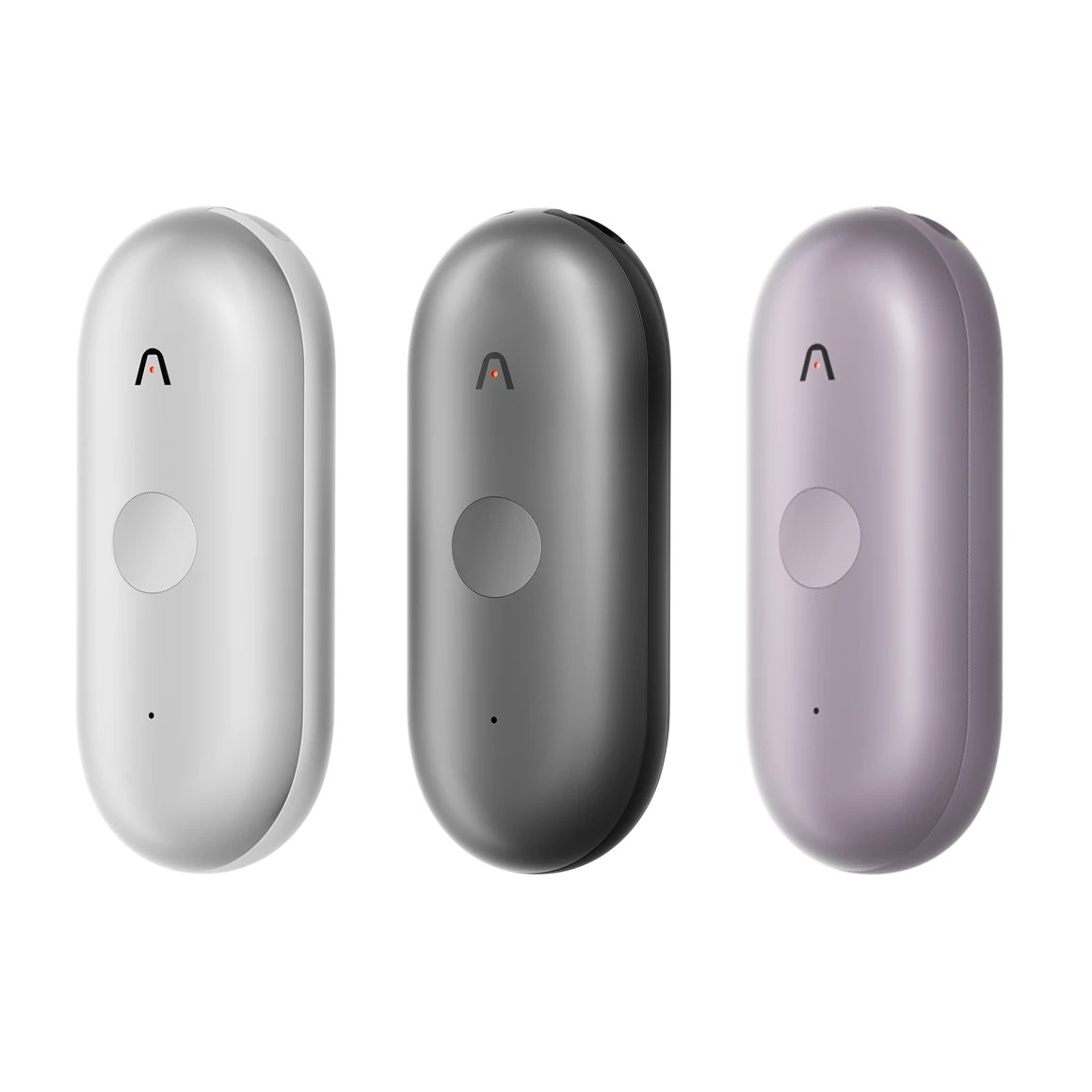 Three Plaud NotePin S devices in Silver, black, and purple are displayed side-by-side on a white background.