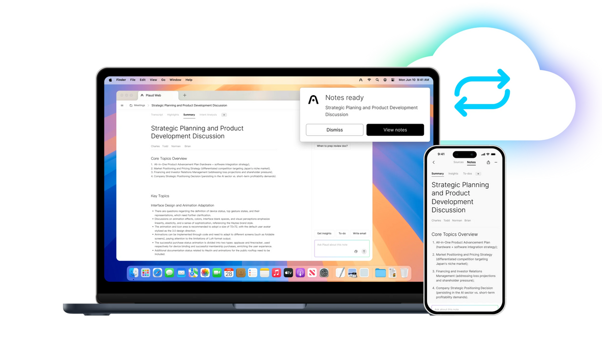 Plaud Web and Plaud App syncing meeting notes across a laptop and smartphone via cloud storage.