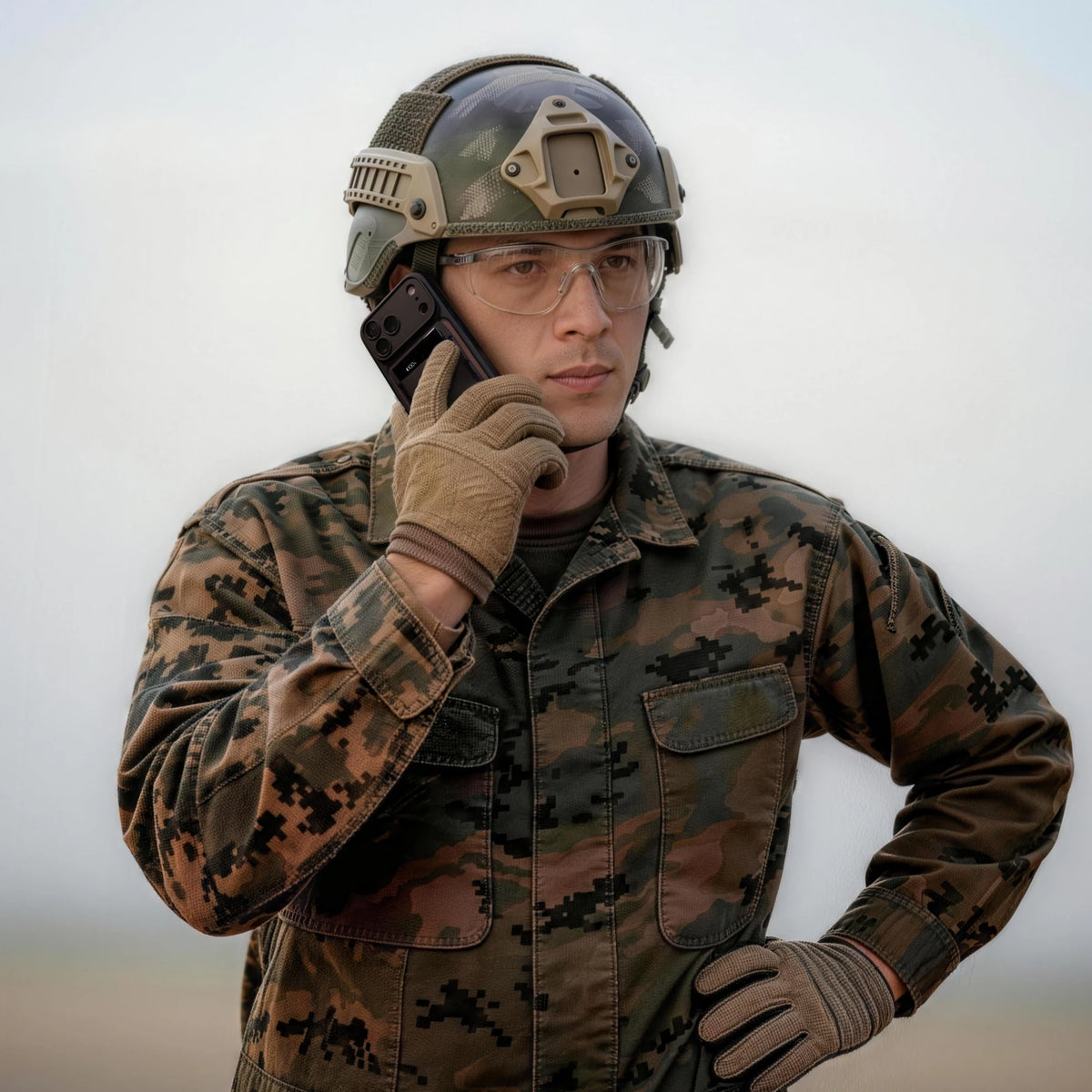 A person in military uniform holding a phone with a black Plaud Note Pro attached to the back.