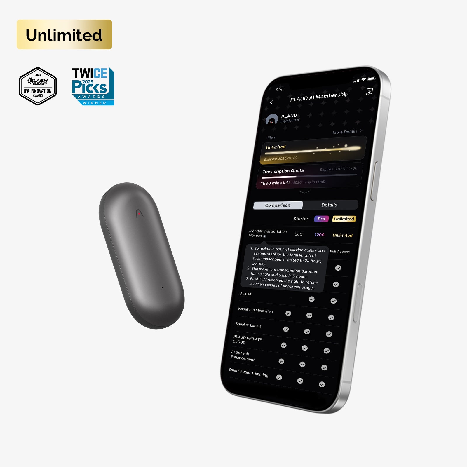 PLAUD NotePin & AI Annual Unlimited Plan